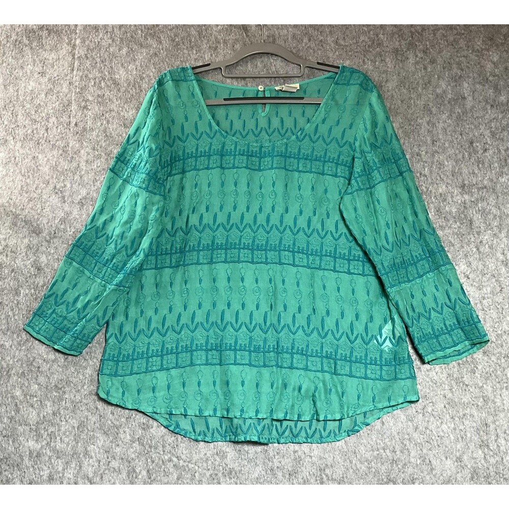 Lucky Brand Blouse Womens Medium Green Embroidered Geometric 3/4 Sleeve Boho Top